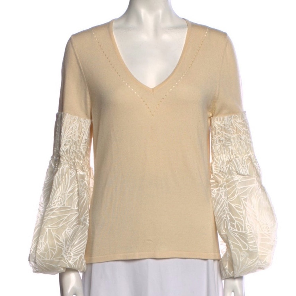 Carolina Herrera Cream V-Neck Blouse with Lace Sleeves